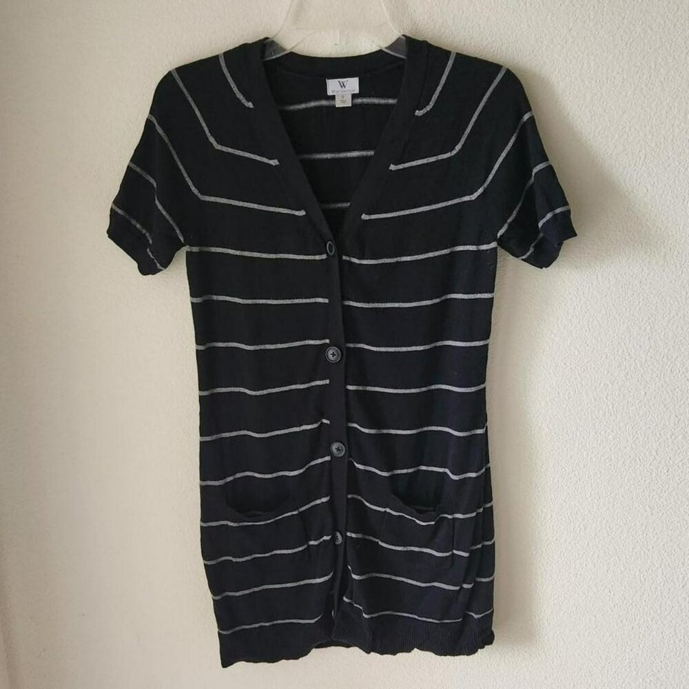 WORTHINGTON Vintage Short Sleeve Cardigan Striped Sweater Black & Grey Sz S